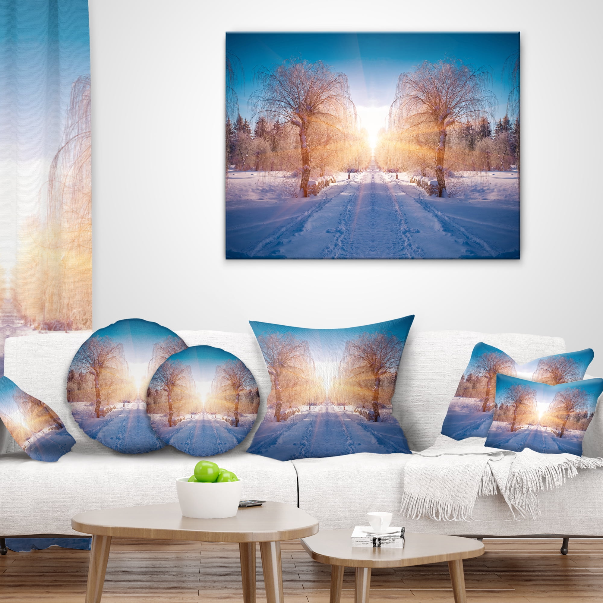 Designart Winter Landscape in City Park - Landscape Printed Throw Pillow - 18x18