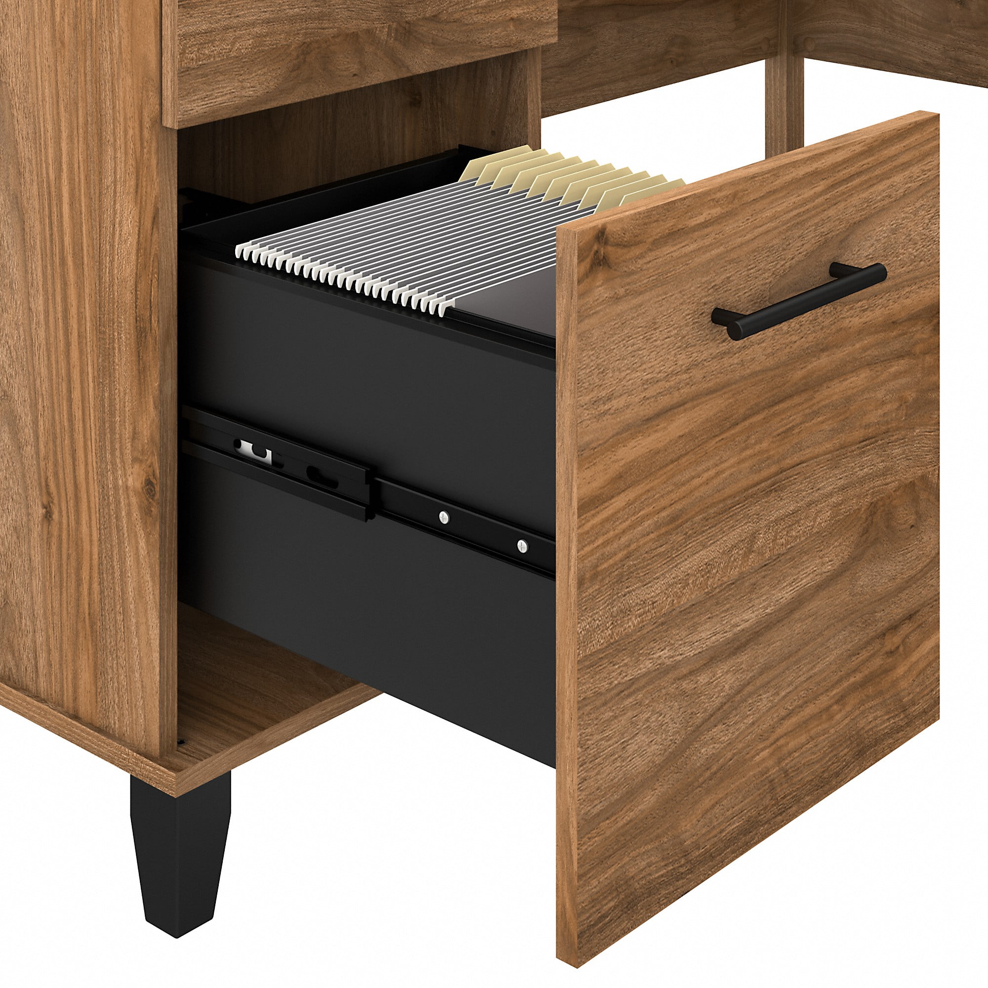 Bush Furniture Somerset 60 in L Desk with Keyboard Tray, File Drawer, Box Drawer and Storage Cabinet in Fresh Walnut (Ships in 2 Boxes)