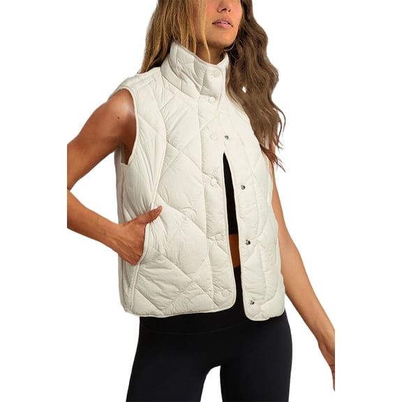 Women's Beige Quilted High Neck Button Up Pocket Vest Coat - Stylish and Warm Outerwear | [ZhiHiMeRi] | (US 20-22)2XL