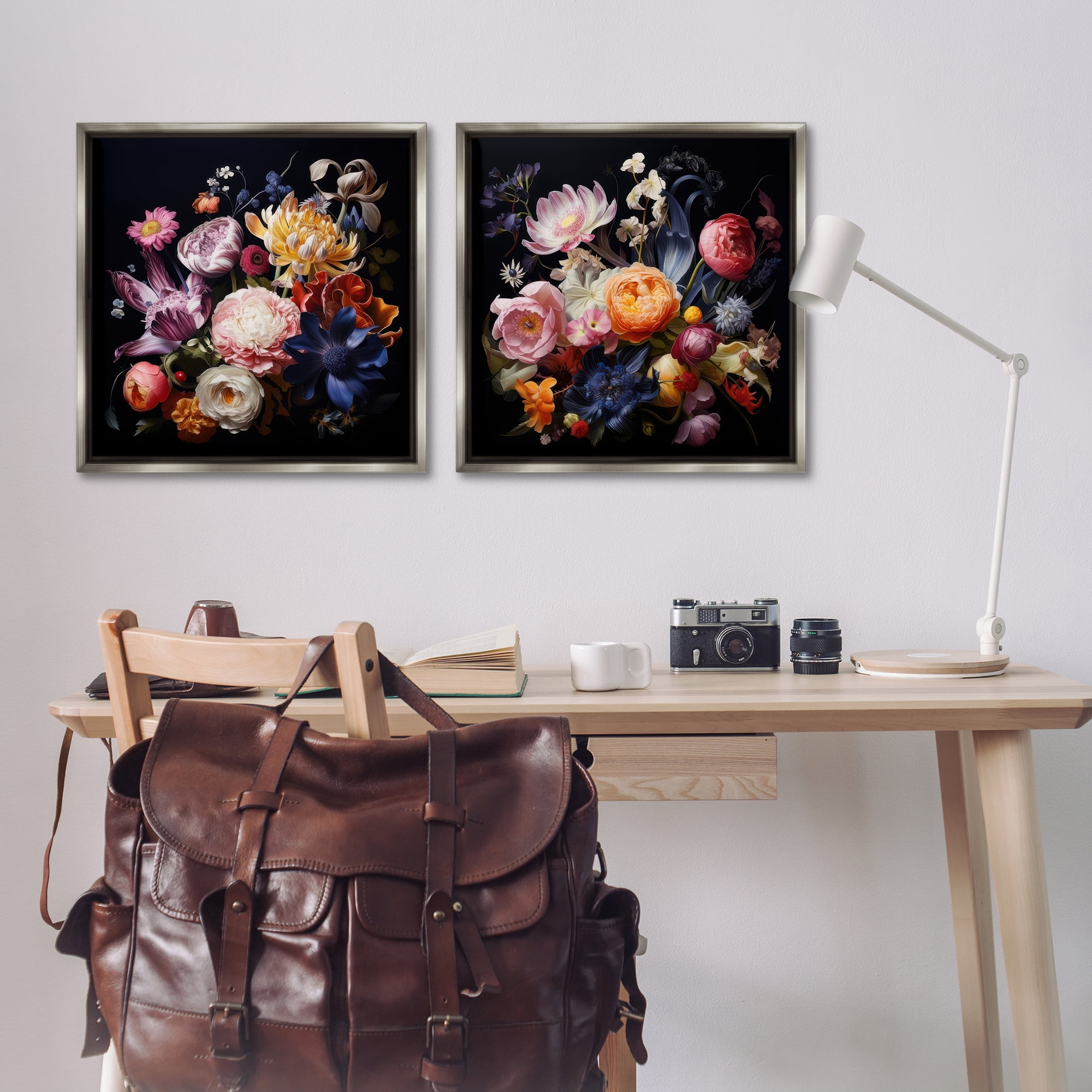 Stupell Industries Exquisite Floral Arrangement Plants & Flowers Painting Gray Floater Framed Canvas Art Print Wall Art, 25 x 25, Set of 2