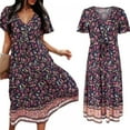 thumbnail image 4 of CNKOO Robes Bohèmes à Imprimé Floral Col en V Manches Courtes Décontractées Plage Maxi Longue Robe, 4 of 6