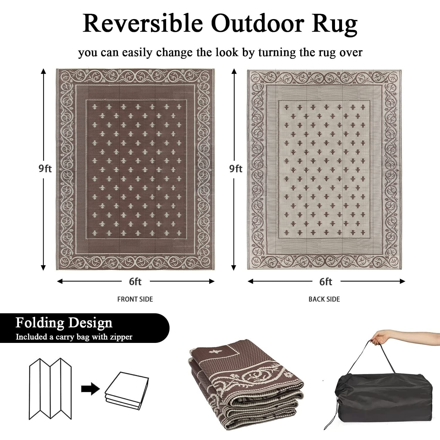 Findosom 6'x9' Brown Large Outdoor Rug Outdoor Mat RV Outdoor Rug Reversible Plastic Straw Area Rug Mat Camping Rugs Waterproof Floor Mat and Rug for RV, Patio, Backyard, Deck, Picnic, Beach, Trailer