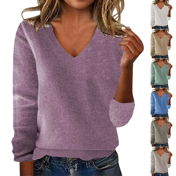Ashirexll Pullover Sweaters for Women, Winter Sweaters for Women, Womens Solid Color V-Neck Pullover Knit Sweater Solid Color Long Sleeve Top For Layering