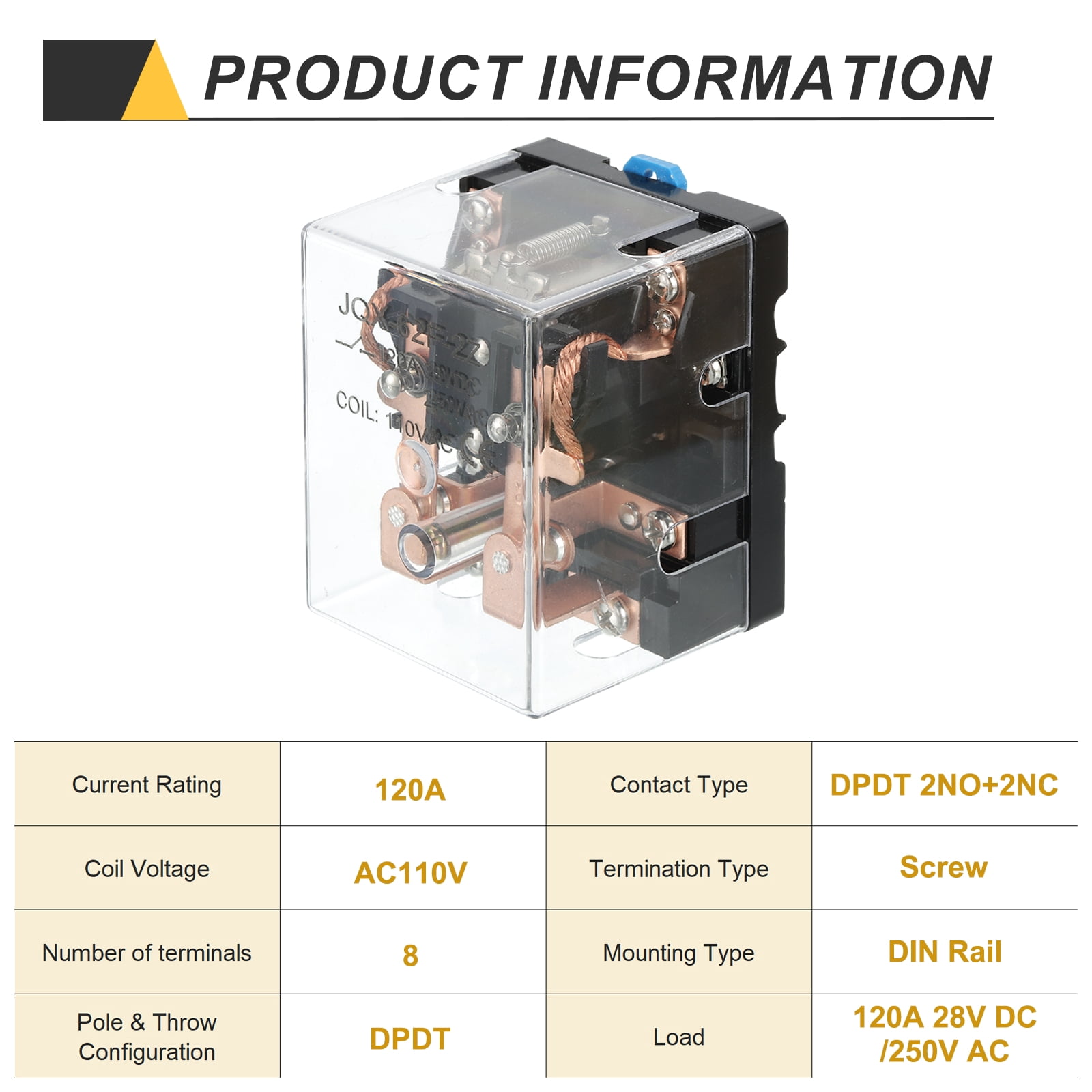 AC110V 120A Electromagnetic Relay, High Power Relay DPDT 2NO 2NC 8 Terminals Din Rail Mounting