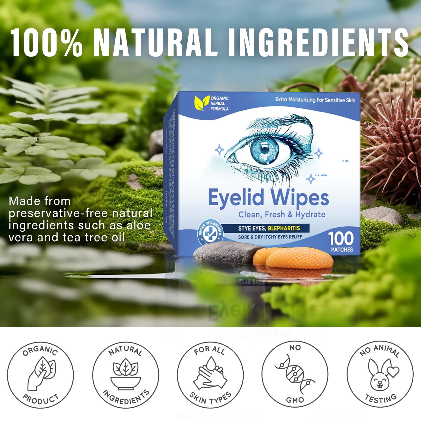 Eyelid Wipes Cleansing Wipes for Dry Eyes – Rinse Free Eye Lid Cleaning Wipes, Individually Wrapped Travel Eye Wipes, 100 Count