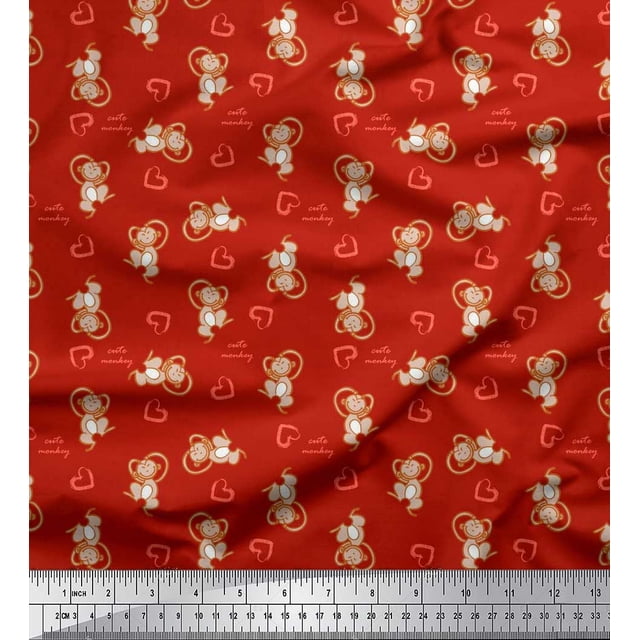 Soimoi Red Poly Georgette Fabric Heart & Cute Monkey Kids Fabric Prints By Yard 42 Inch Wide