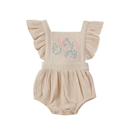 

OVTICZA Baby Toddler Girls Flutter Sleeve Floral Ruffle Sleeveless Bodysuit Beige 80