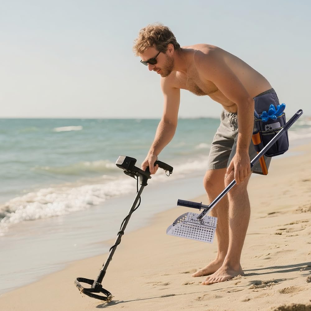 Sand Scoop for Metal Detecting, Heavy Duty Stainless Steel Sand Scoop with Long Handle,Includes 1 Metal Detector Pinpointer,1 Shovel,1 Carry Bag,One Pair of Gloves
