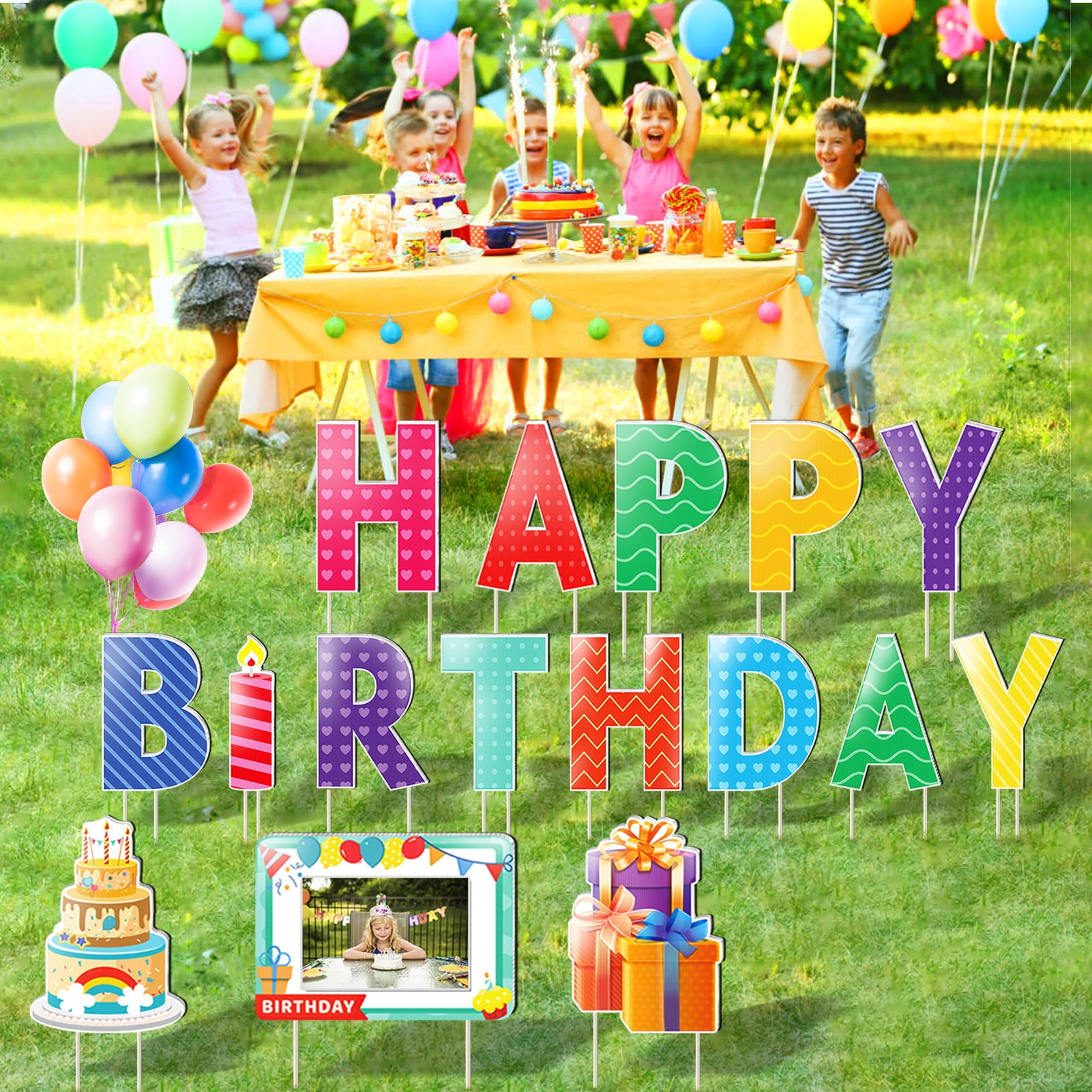 Yalumo Happy Birthday Yard Sign with Stakes, 16pcs Personalized Happy Birthday Yard Sign Colorful Weatherproof Birthday Lawn Sign for Outdoor Yard Decorations Garden Party