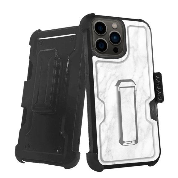 ANJ  Rugged Shockproof Holster Case w/Card Slot, Kickstand   Tempered Glass for iPhone 13 Pro (6.1") - White Marble Pattern