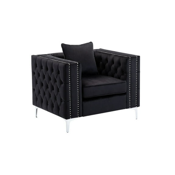 Joni 40 Inch Armchair, Chesterfield Design, Button Tufting, Black Velvet - Saltoro Sherpi