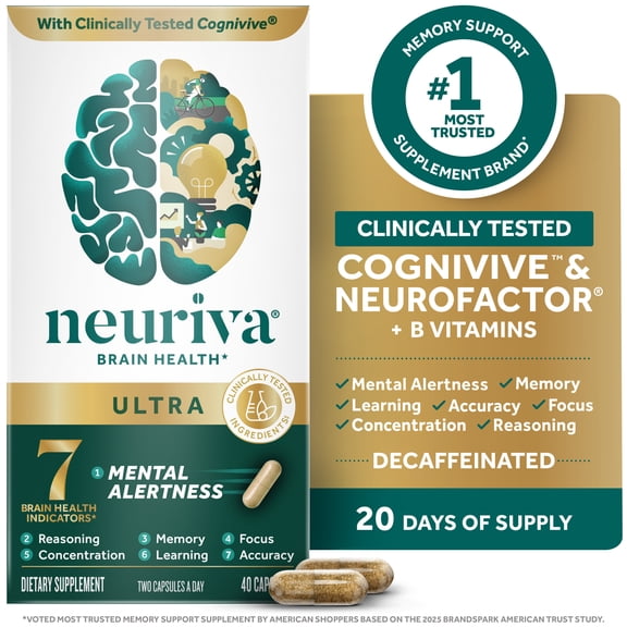 Neuriva Ultra Brain Health Supplement, Vitamins B12 & B6, Support for Mental Alertness, Memory, Focus & Concentration, 40 Count