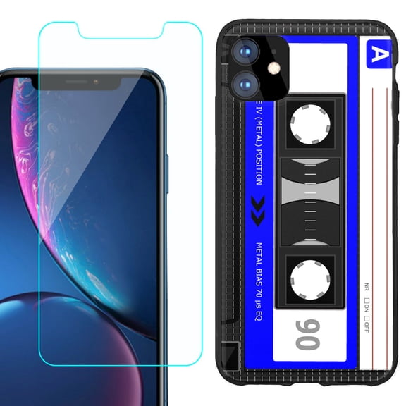 For Apple iPhone 11 Phone Case , Slim-Fit TPU Protective Case (Black), with Tempered Glass Screen Protector, by OneToughShield ® - Cassette Blue