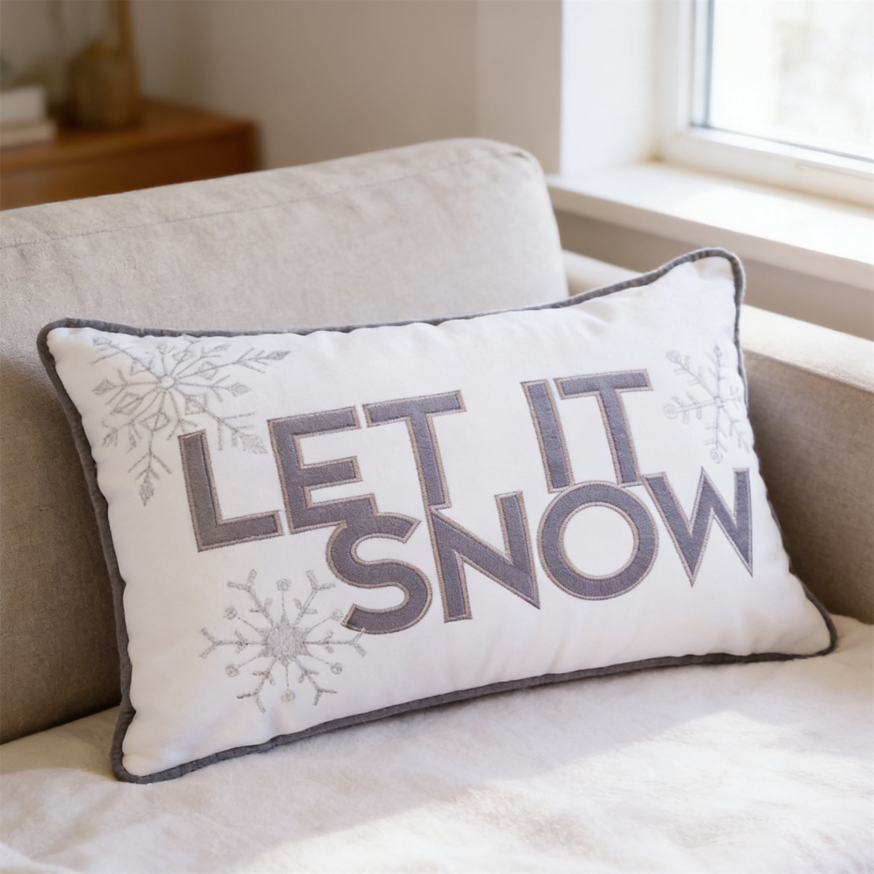 Let-It-Snow White and Gray Embroidered Snowflake Graphic Polyester 14 in. x 20 in. Decorative Throw Pillow