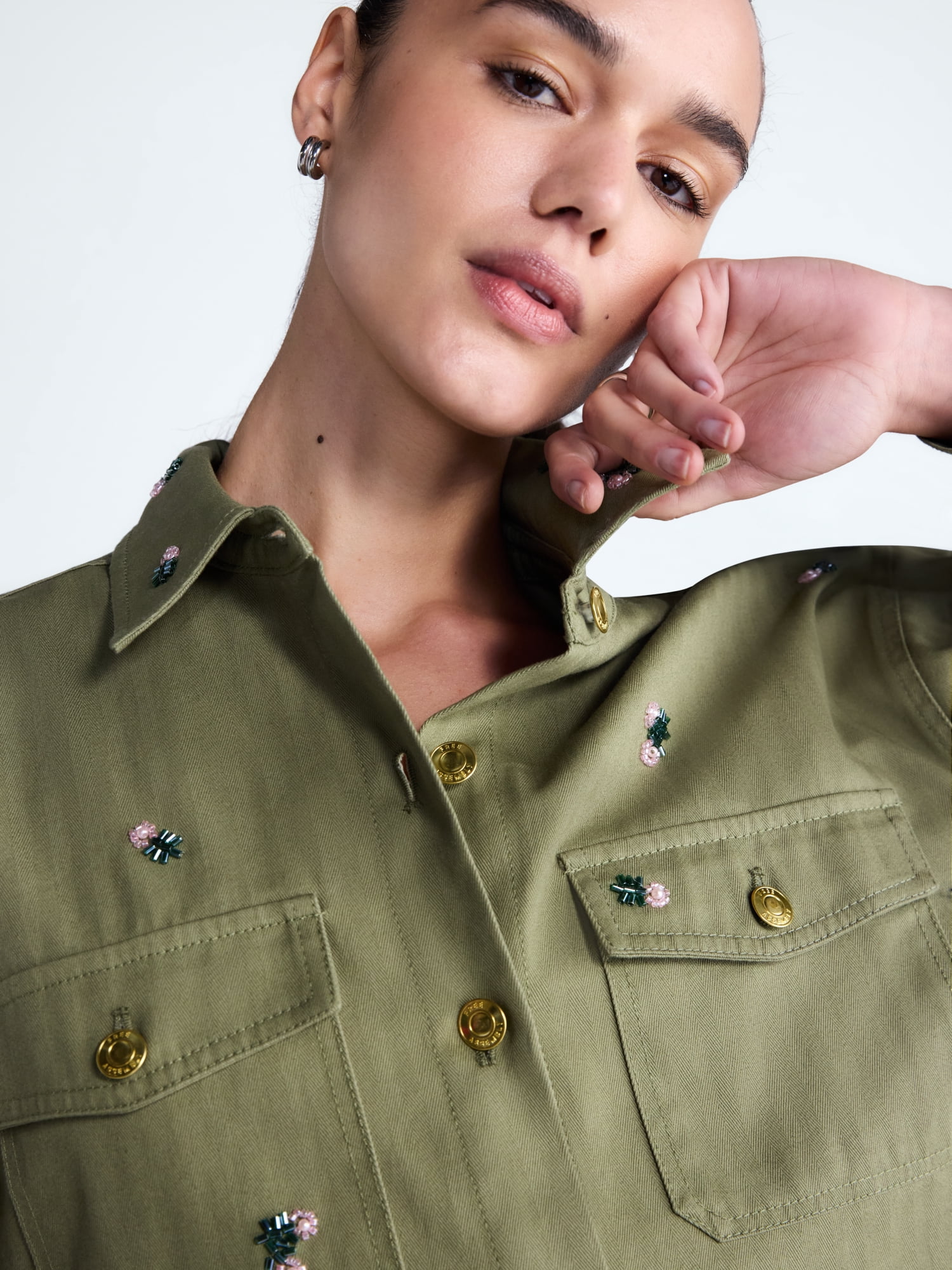 Free Assembly Women's Embellished Cotton Utility Shirt With Long Sleeves, Sizes XS-XXL