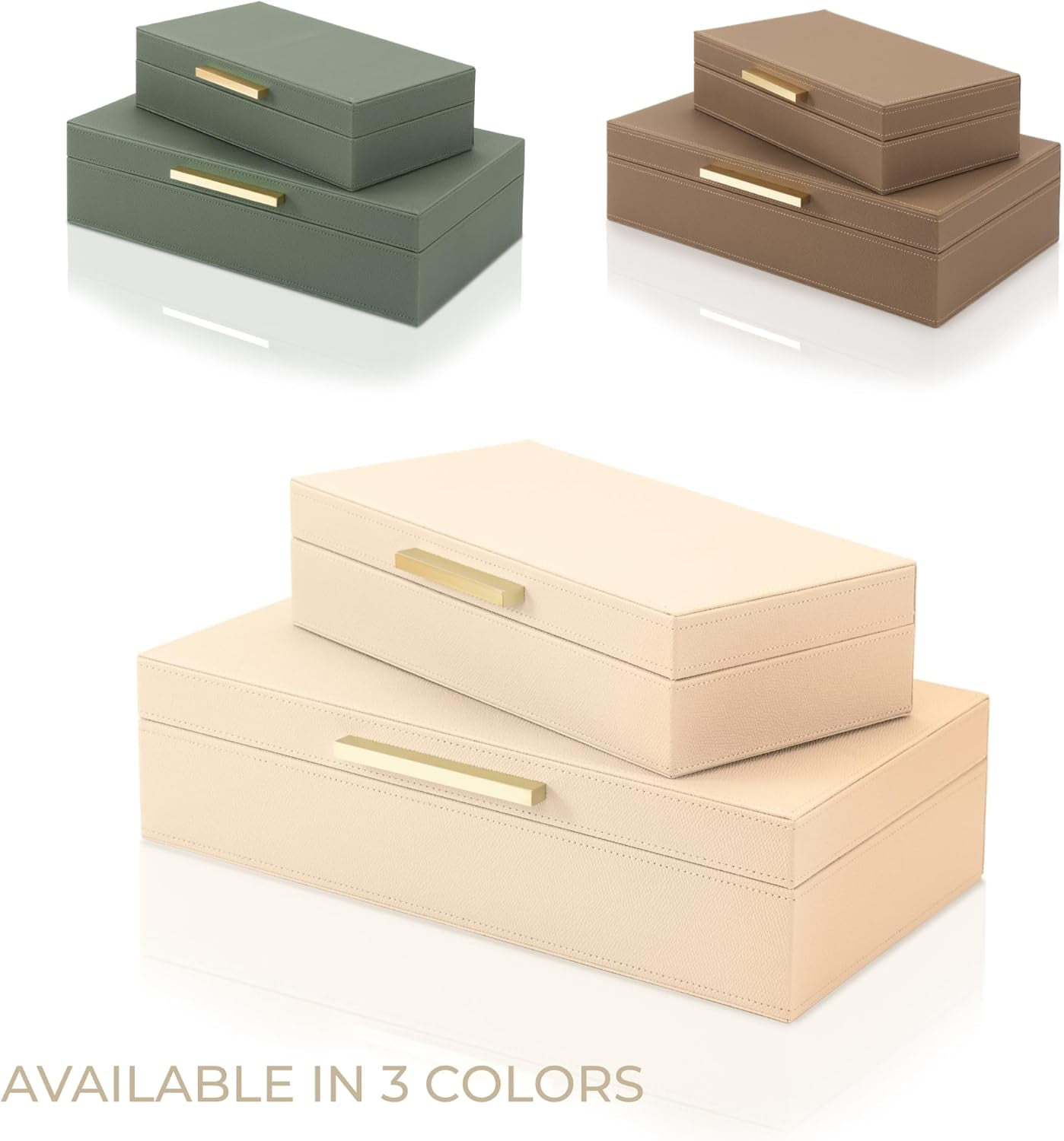 Decorative storage boxes with lids – a two-piece set of elegant PU leather organizer boxes perfect for bookshelf home décor – securely and stylishly store photos, documents, and keepsakes.
