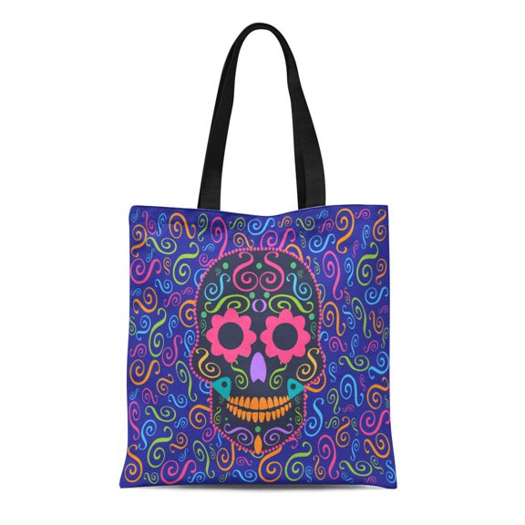 SIDONKU Canvas Tote Bag Candy Skull Flower Eyes Sugar Celebration Collection Culture Dark Reusable Shoulder Grocery Shopping Bags Handbag