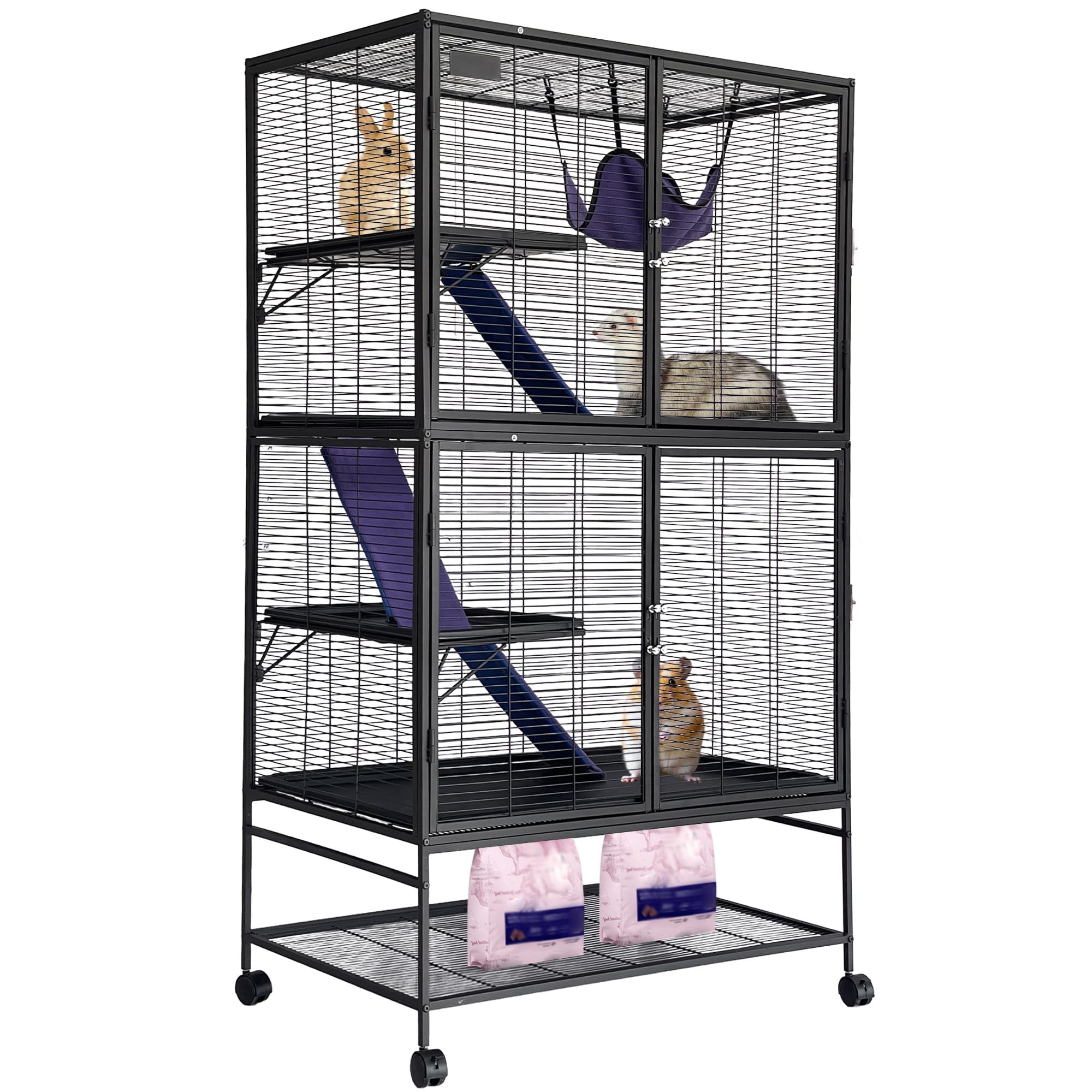 Small Animal Cage, 64 in H Deluxe Ferret Cage - 4 Tier Large Chinchilla Cage with Removable Ramp, Hammock, Extra Storage Stand,Removable Tray for Ferret, Chinchilla, Guinea Pig,Hamster