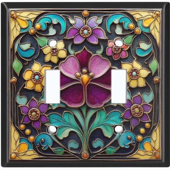 Metal Light Switch Wall Plate Outlet Cover (Printed Image of Stained Glass Flowers - Double Toggle)