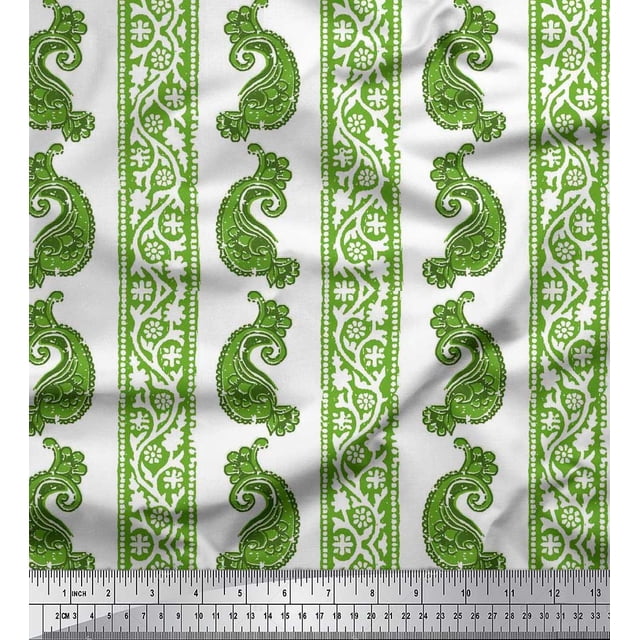 Soimoi Green Georgette Viscose Fabric Stripe & Paisley Block Print Sewing Fabric Yard 42 Inch Wide