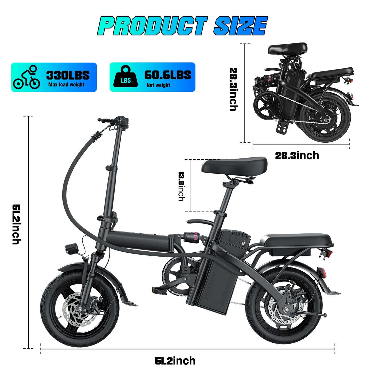 14 In Adult Folding Electric Bike - 48V 740W Peak Motor, 15Ah Battery, With 11 Shock Absorbers, Range Of 25-35 Miles, Maximum Load Capacity Of 330 Lbs, Portable Folding Design Black
