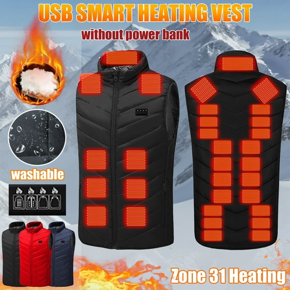 Feancey Heated Vests for Men Rechargeable Sleeveless Puffer Jackets Unisex Quad-Control 31 Zones Electric Heating Vest Adjustable Three-Level Winter Waistcoat Red M