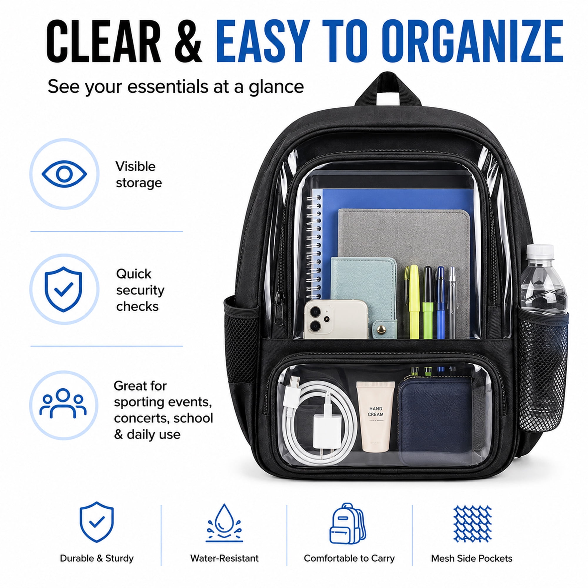 Large Clear Backpack with Dual Front Pockets, Padded Adjustable Straps and Side Mesh Pockets for School, Work & Travel
