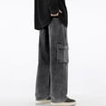 thumbnail image 7 of Mens Drawstring Jeans Loose Wide Leg Cargo Denim Pants Multi Pockets Casual Street Wear Lounge Pants L, Gray, 7 of 7