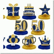Golden Jubilee Celebration Kit: Sparkling 50th Birthday Decor Set - Glittery Honeycomb Centerpieces, Blue & Gold Party Decorations for Men & Women - 8-Piece Tabletop Delights!
