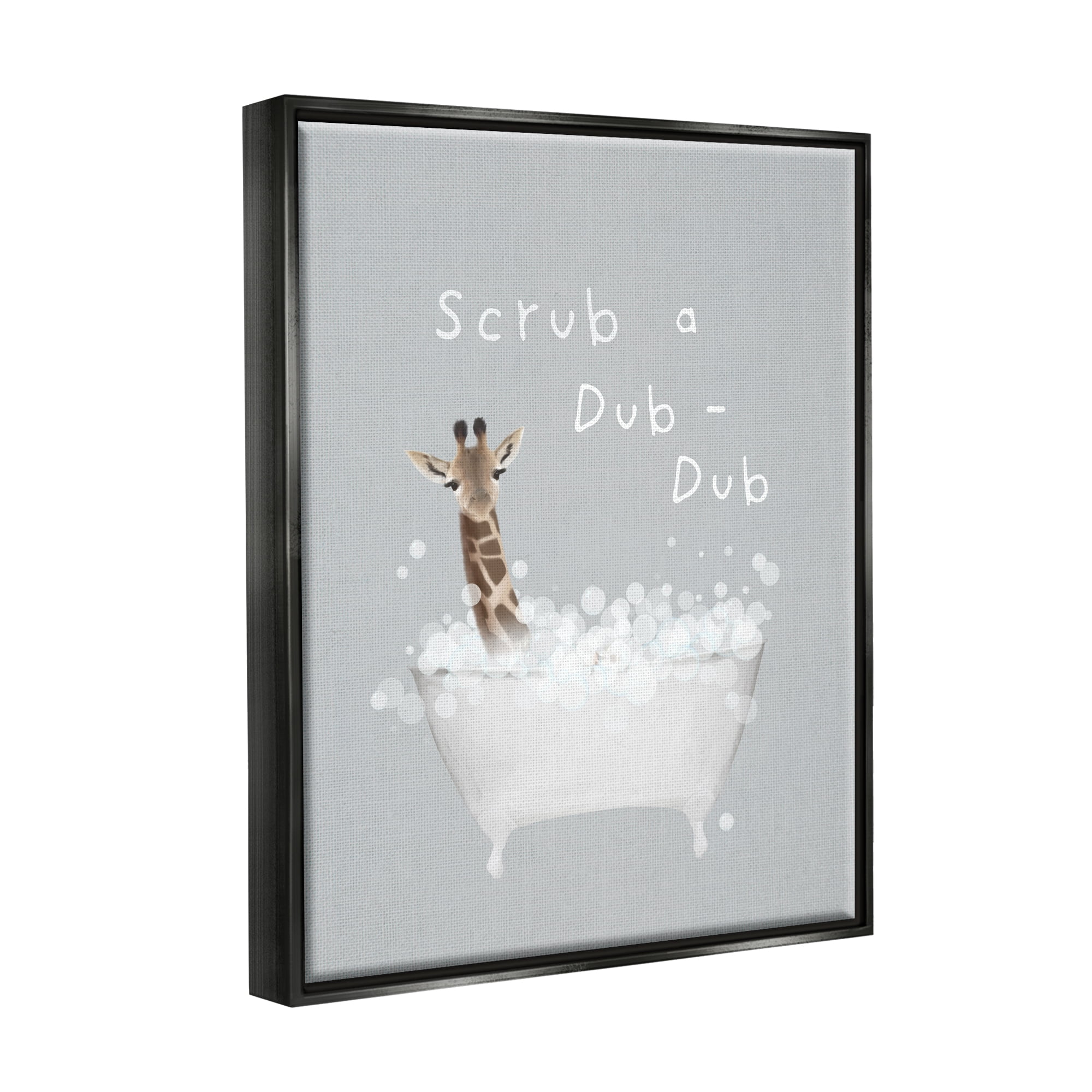 Stupell Industries Scrub-a-Dub Giraffe Tub Animals & Insects Painting Black Floater Framed Canvas Art Print Wall Art, 17 x 21