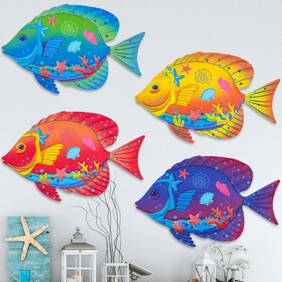 Metal Fish Wall Decor, Set of 4 Sea Fish Wall Art Decorations for Barthroom Fenc