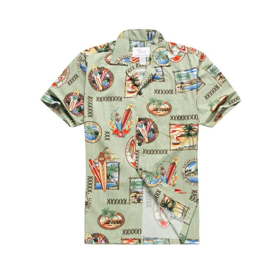 Made in Hawaii Men's Hawaiian Shirt Aloha Shirt in Surfboards and Palms in Green 3XL