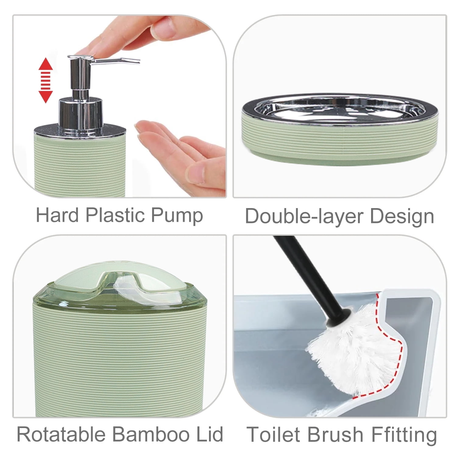 CERBIOR Bathroom Accessories Set 6 Pcs Ensemble Complete Soap Dispenser Toothbrush Holder Tumbler Soap Dish Toilet Cleaning Brush Trash Can, Thread Sriral Green