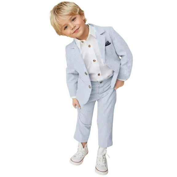 ETHAN 2 PCS Boys Striped Suit Boys Seersucker Suit Beach Wedding Tuxedos for Kids Boys Summer Suit Blazer and Shorts Light Blue 2T