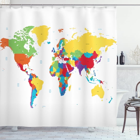 Ambesonne World Map Shower Curtain, Countries and Oceans, 69"Wx75"L, Multicolor