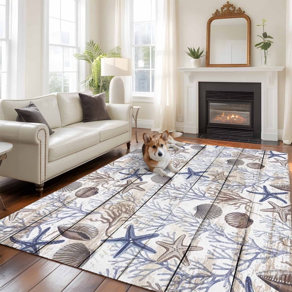 6'x9' Area Rugs, Blue Coastal Indoor Outdoor Area Rug for Living Room Bedroom, Starfish Shell Coral Ocean Wooden Washable Bathroom Rugs Kitchen Floor Carpet Mats Home Decor Aesthetic