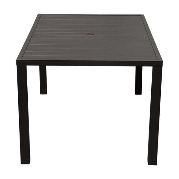 Outdoor Dining Table for 4 Person,Square Slatted Metal Patio Table for Deck Garden Lawn Backyard Use with Umbrella Hole, Brown