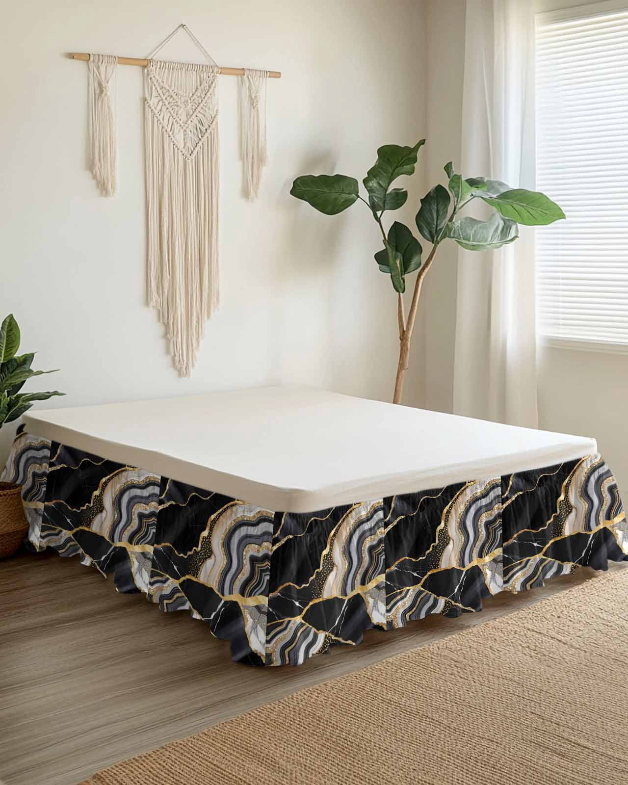 Black Gold Marble Bed Skirt Glitter Geometric Marble Foil Texture Bed Skirts King Size 16 Inch Drop, Wrap Around Dust Ruffle&nbsp;Bedskirt with Adjustable Elastic Belt for Queen Size Beds