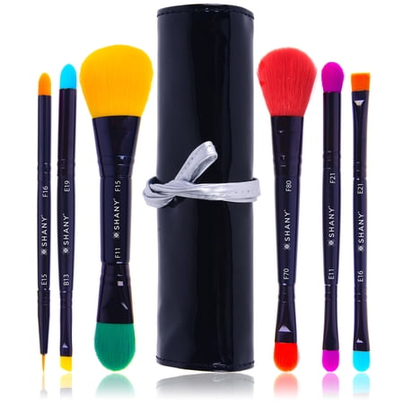 SHANY Vegan Makeup Brushes - LUNA - 6 PC Double Sided Travel Make up Brushes with 12 unique Bristles sides - Brush storage Pouch - Synthetic Cosmetics Brush