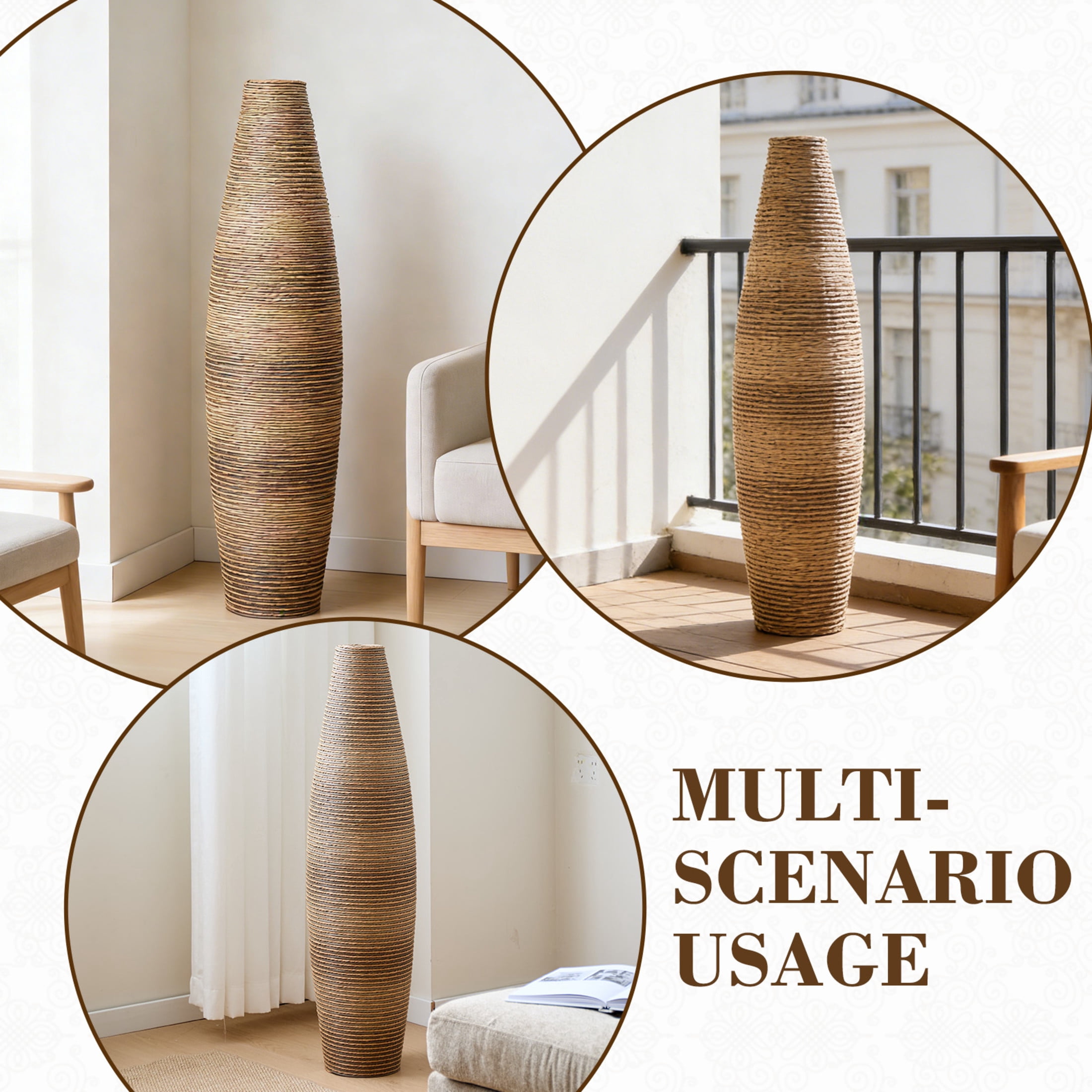 Noble House 39.37" Tall Handcrafted PVC Floor Vase, Rattan-Like Textured Decorative Vase, Beige