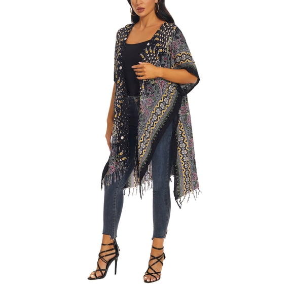 Beautybatik Black Women HIPPIE Gypsy Boho Printed Kimono Cardigan Shawl Wrap Swimsuit Cover Up Jacket One Size