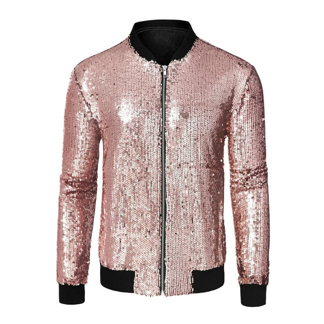 INSPIRE CHIC Men's Jackets Long Sleeve Zipper Glitter Bomber Jacket Coats M Pink Gold