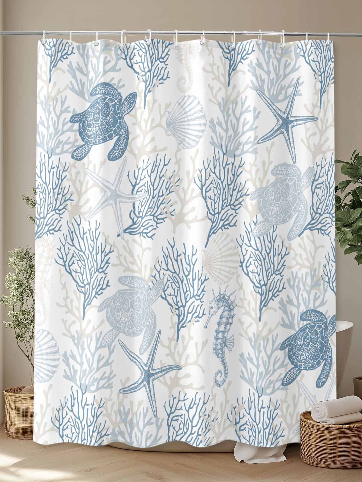 Boanket Polyester Fabric Blue Grey Coastal Shower Curtain, Sea Turtle Nautical Coral Summer Beach Waterproof Bathtub Curtain Bathroom Decor Set with Hooks 36 x 78 Inches,