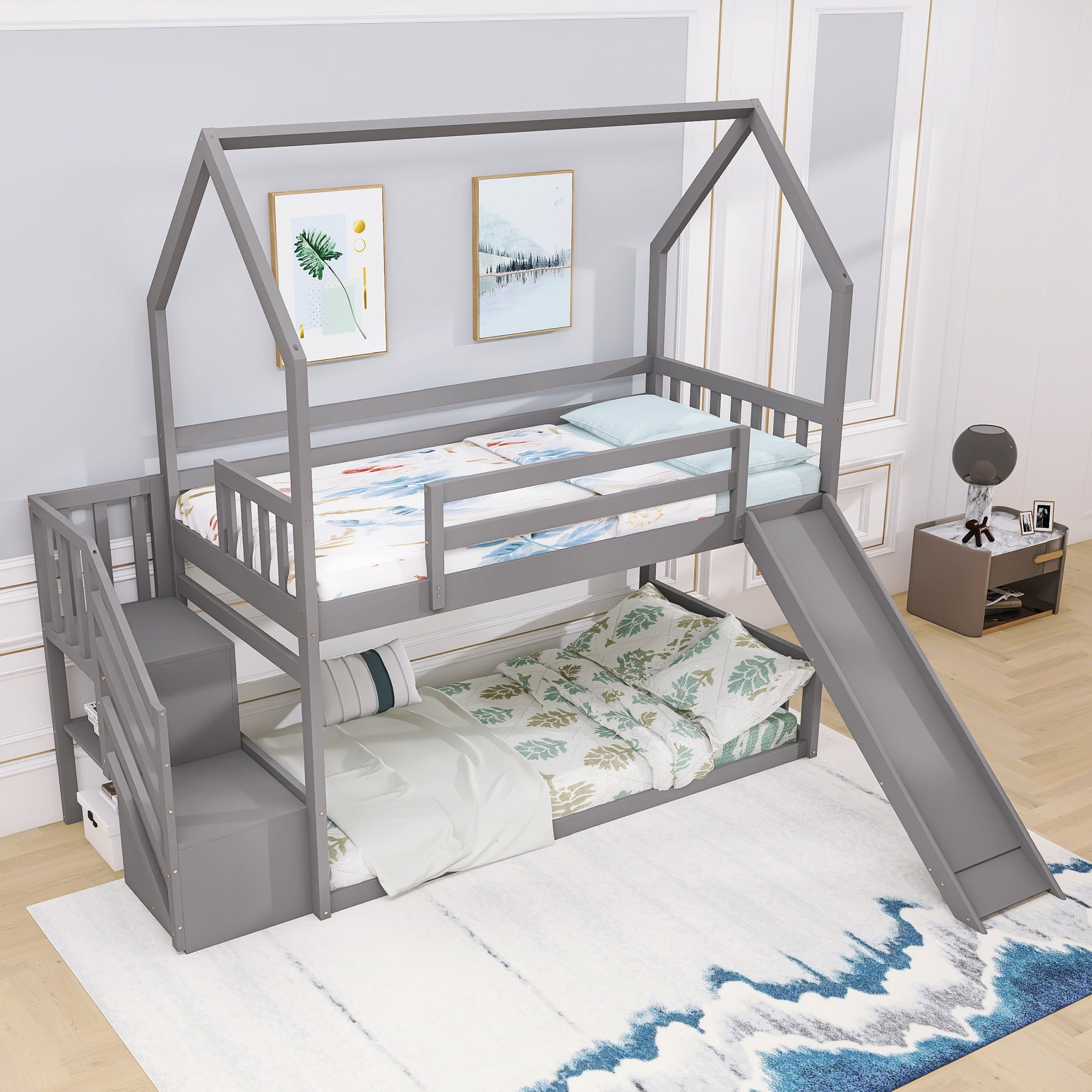 EUROCO Twin House Bunk Bed with Staircase for Kids Teens Bedroom, Solid Wood Bunk Bed with Storage, Gray