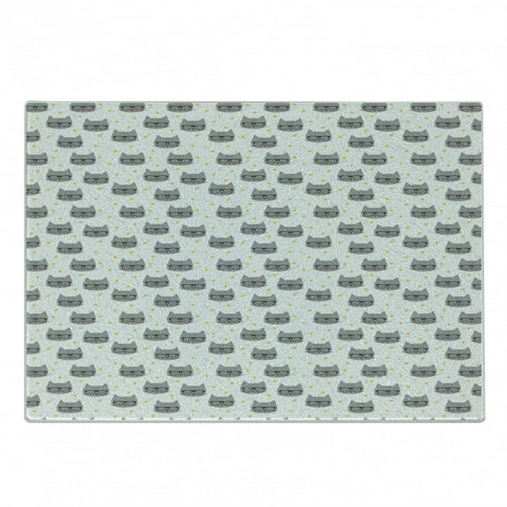 Cat Cutting Board, Hipster Cats with Glasses Sleeping Stars Geometric Kitty Baby Animals Birthday, Decorative Tempered Glass Cutting and Serving Board, in 3 Sizes, by Ambesonne