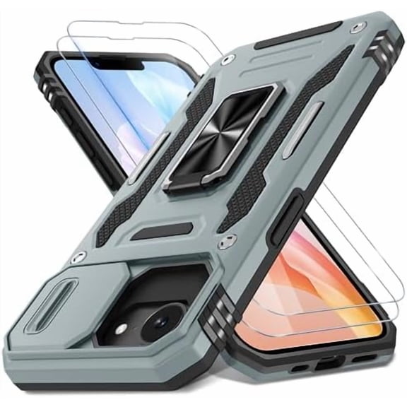 MYKOMI Case for iPhone 16E with Slide Camera Cover Screen Protector (1 Pack), Rotated Ring Kickstand Military Grade Shockproof Protective Cover for iPhone SE4 2025