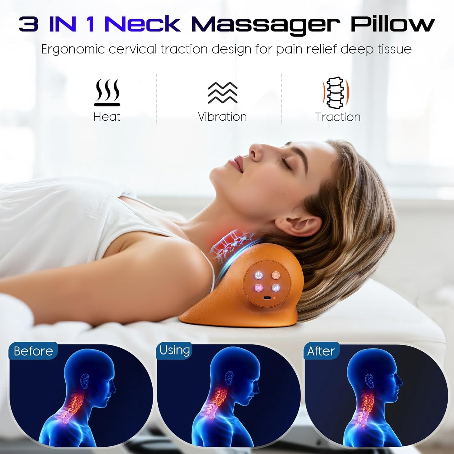 Neck Massager with Heat, 3-in-1 Electric Cervical Massager for Pain Relief & Hot Compress, Ergonomic Neck and Shoulder Relaxer Stretcher - Ideal Gift for Office Workers, Athletes & Everyone, Brown