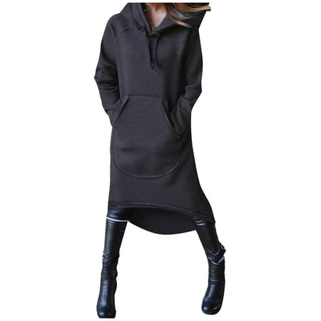 

Women Pullover Hooded Solid Color Long Sleeves Long Sweatshirt Dress With Pocket Maternity Dresses Casual