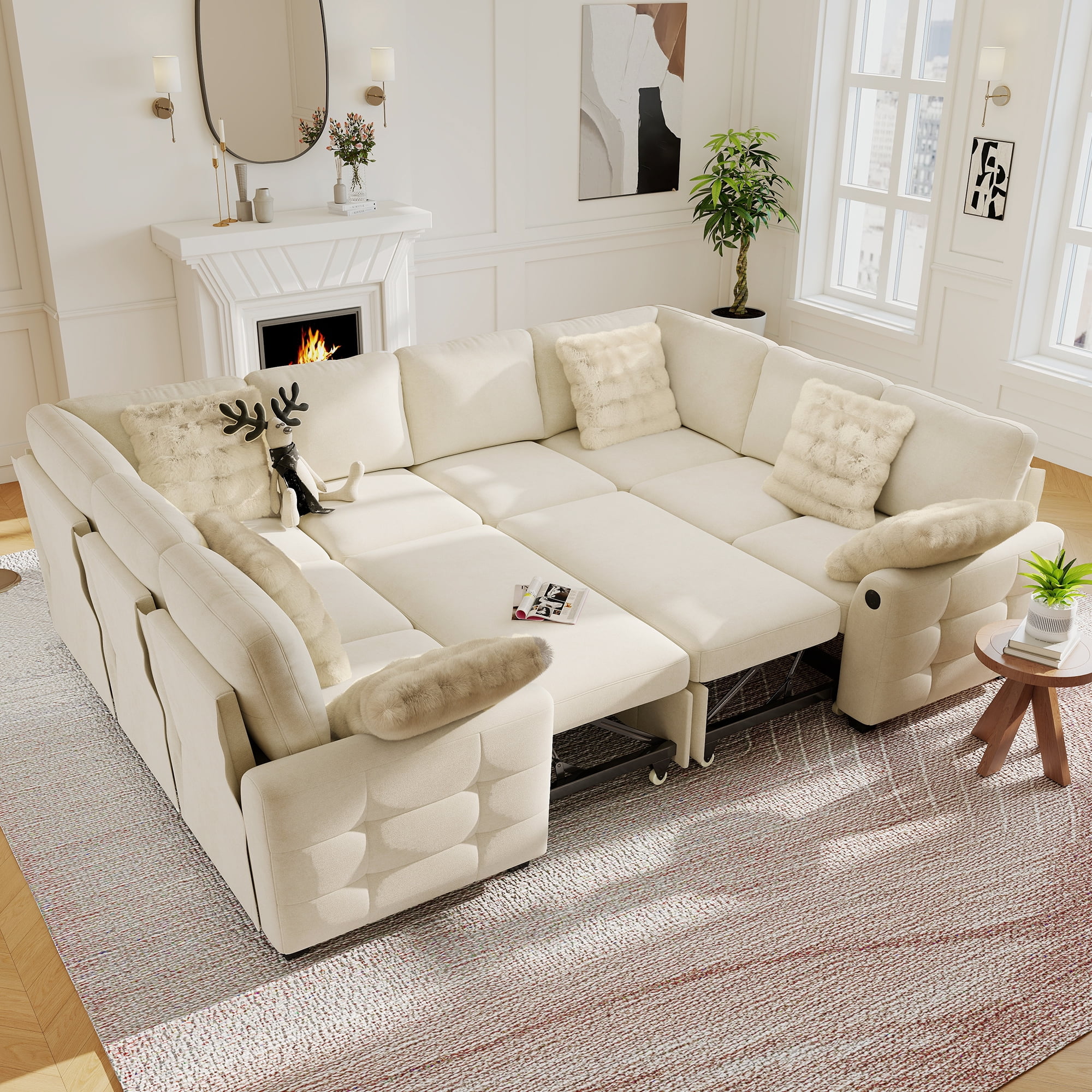 BedLuxury 110" Sectional Sleeper Sofa with Pull Out Bed, Storage Seat & USB Charging, U Shaped Modern Couch for Living Room, Chenille Beige
