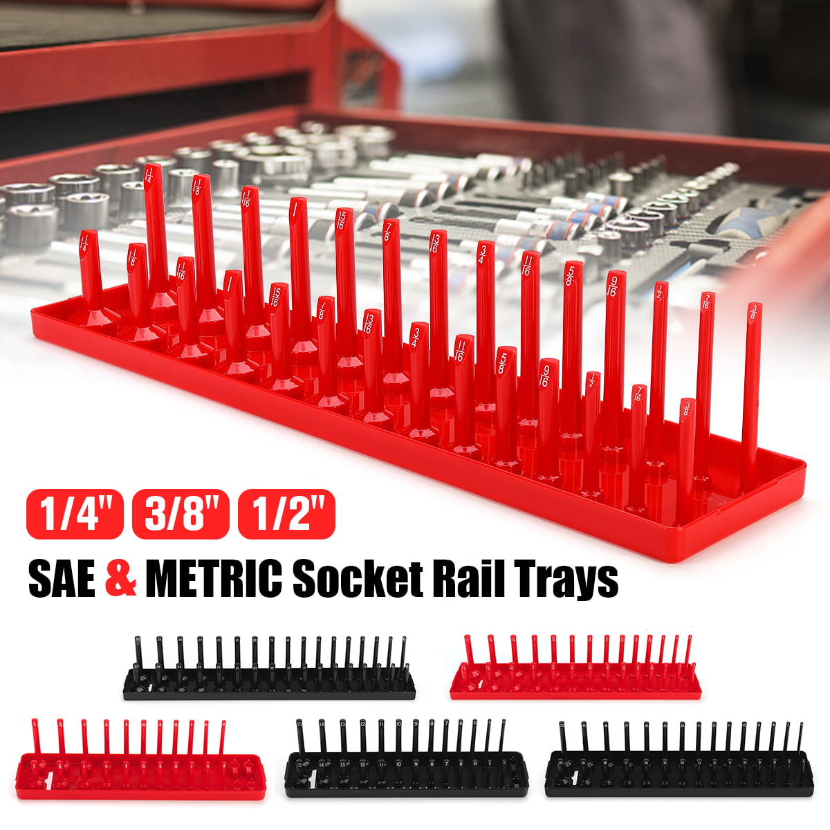 3PC Socket Organizer Mountable Sliding Holder Rail Rack Tool Storage 1/4 3/8 1/2 